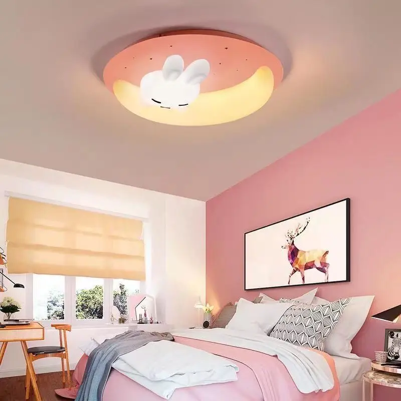 LED Children\'s Room Ceiling Light Cute Cartoon Rabbit Moon Lamp for Bedroom Boys Girls Kid Pink Blue Tricolor Adjustable Decora