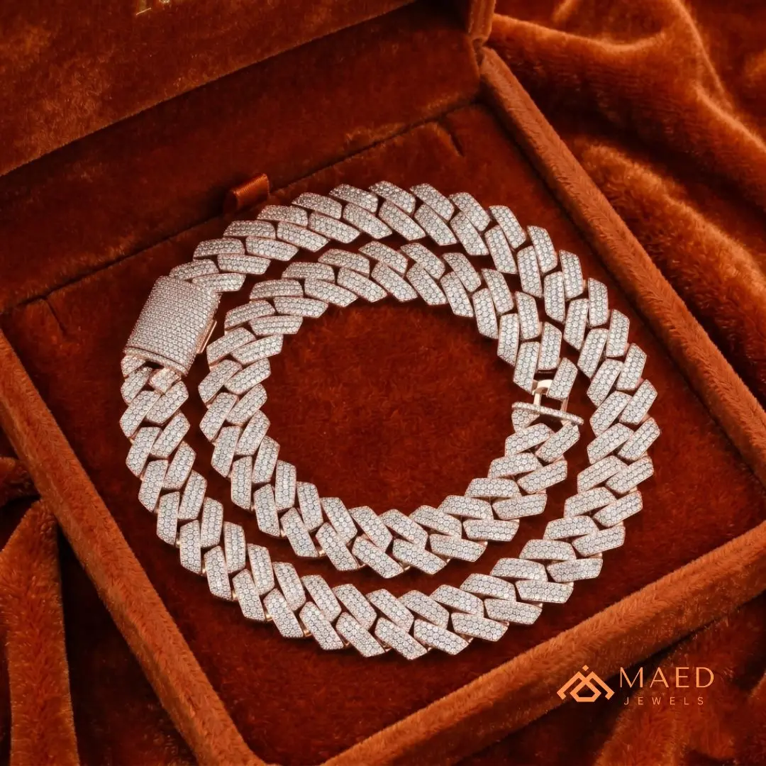 Gold Plated .Rose Moissanite Necklace Cuban Link Chain Women Men Party Elegant Gift New York Fine Jewelry