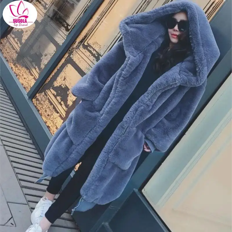 

SUSOLA High Quality Hoodies Long Pink Faux Fur Coat Oversized Thicken Elegant Rabbit Fur Women Winter Coat Female Plush Coats