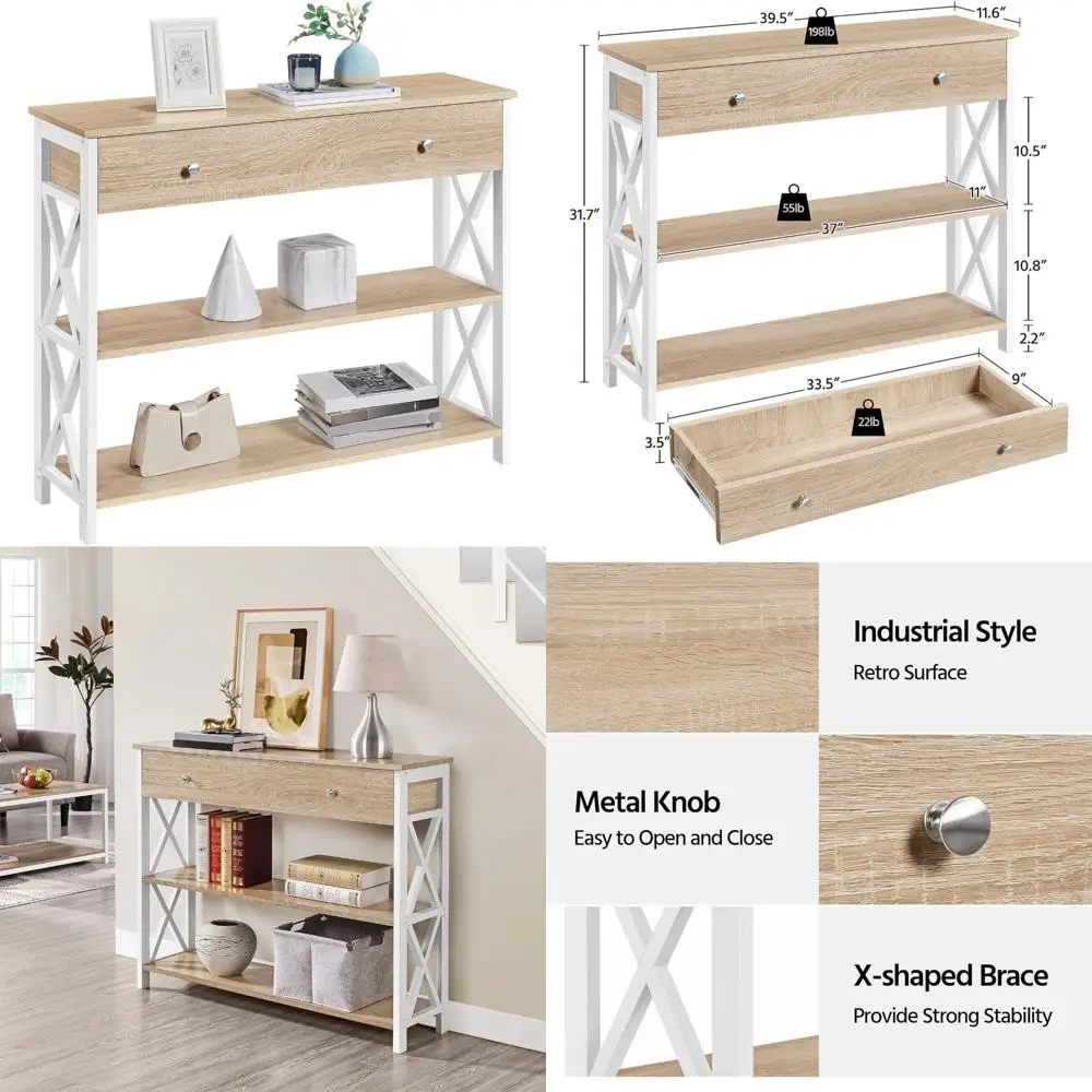 

Narrow Storage Console Table with Drawers and 3-Tier Shelves for Living Room and Entryway Metal Frame