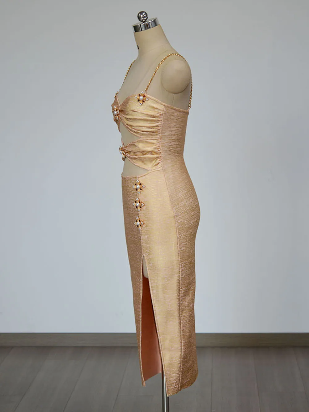 Modphy Ladies Hollow Out Beaded Spaghetti Strap Backless Celebrity Party Club Hot Pressed Golden Print Sexy Midi Bandage Dress image 5