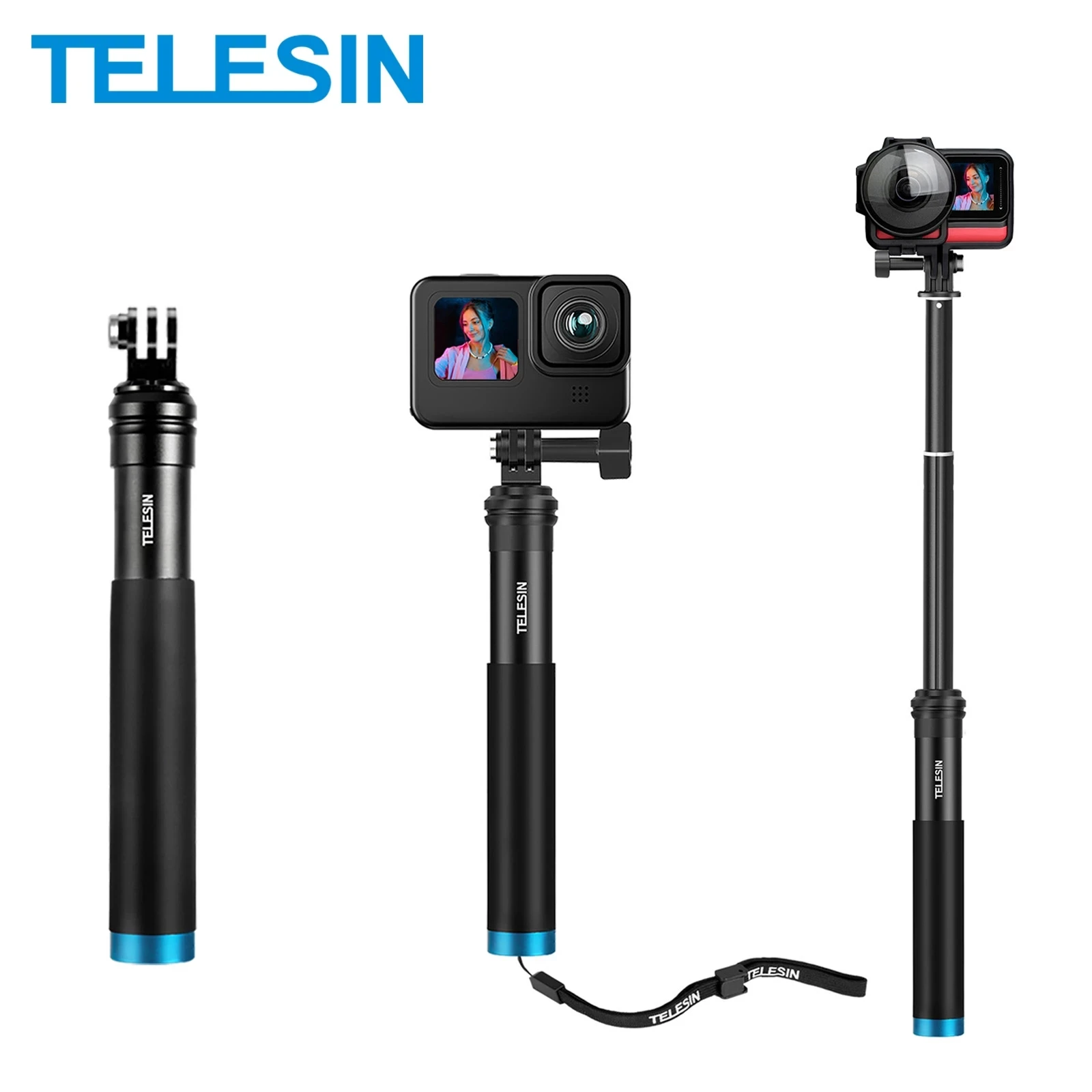 TELESIN Aluminum Alloy Extendable Handheld Selfie Stick Telescoping Pole for GoPro 13 12 11 10 Insta360 DJI Action 3 4 iPhone 16