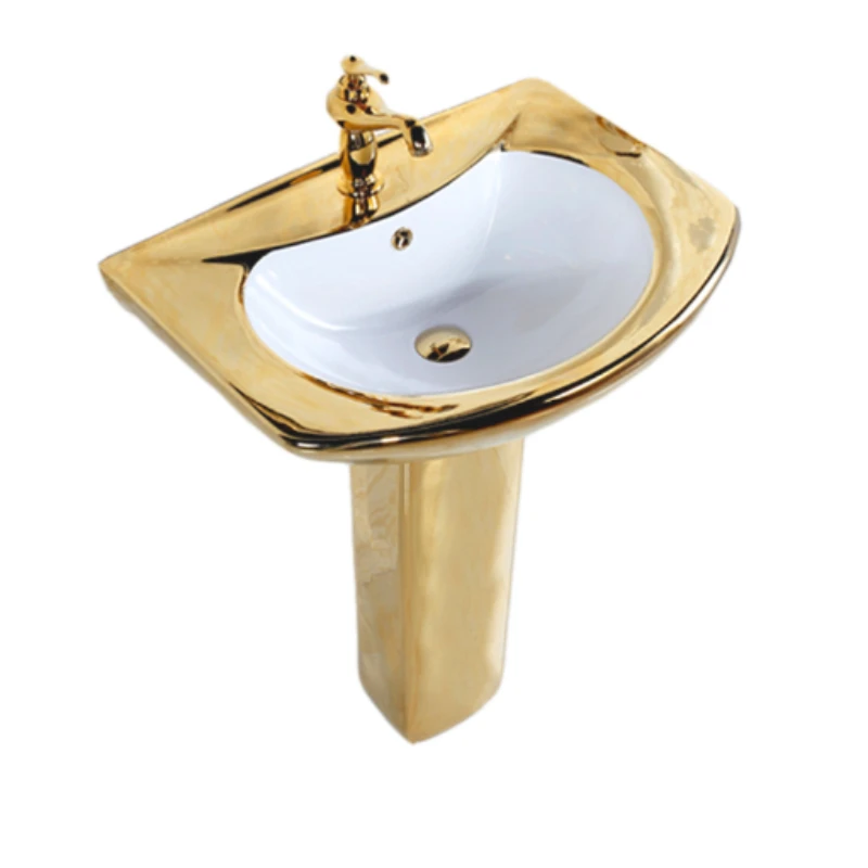 KD-24GBA High Level Hotel Sanitary Ware Floor Mounted Golden Two Piece Vessel Sink Bathroom Ceramic Gold Plated Pedestal Basin