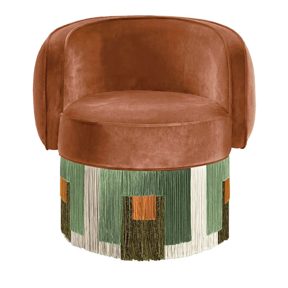 ⌁l Luxury Italian Designer Living Room Swivel Club Armchair with Decorative Fringes Tassel Velvet Accent Chair for Bedroom