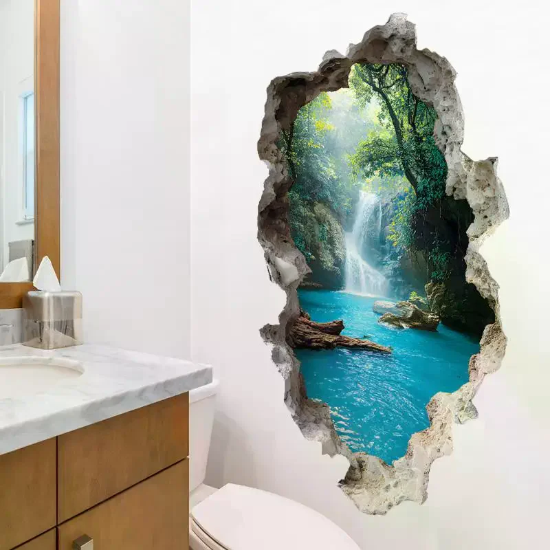 Creative Hole Valley Waterfall Scenic Wall Stickers Landscape Wall Stickers For Bedrooms Room Bathroom Home Decoration Stickers