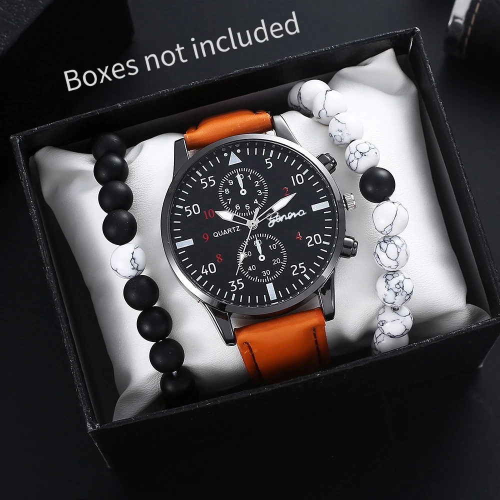 3PCS/Set Fashion Casual Men's Watch Leather Strap Male Business Quartz Watch Beads Bracelets Set Reloj Hombre（Without Box）