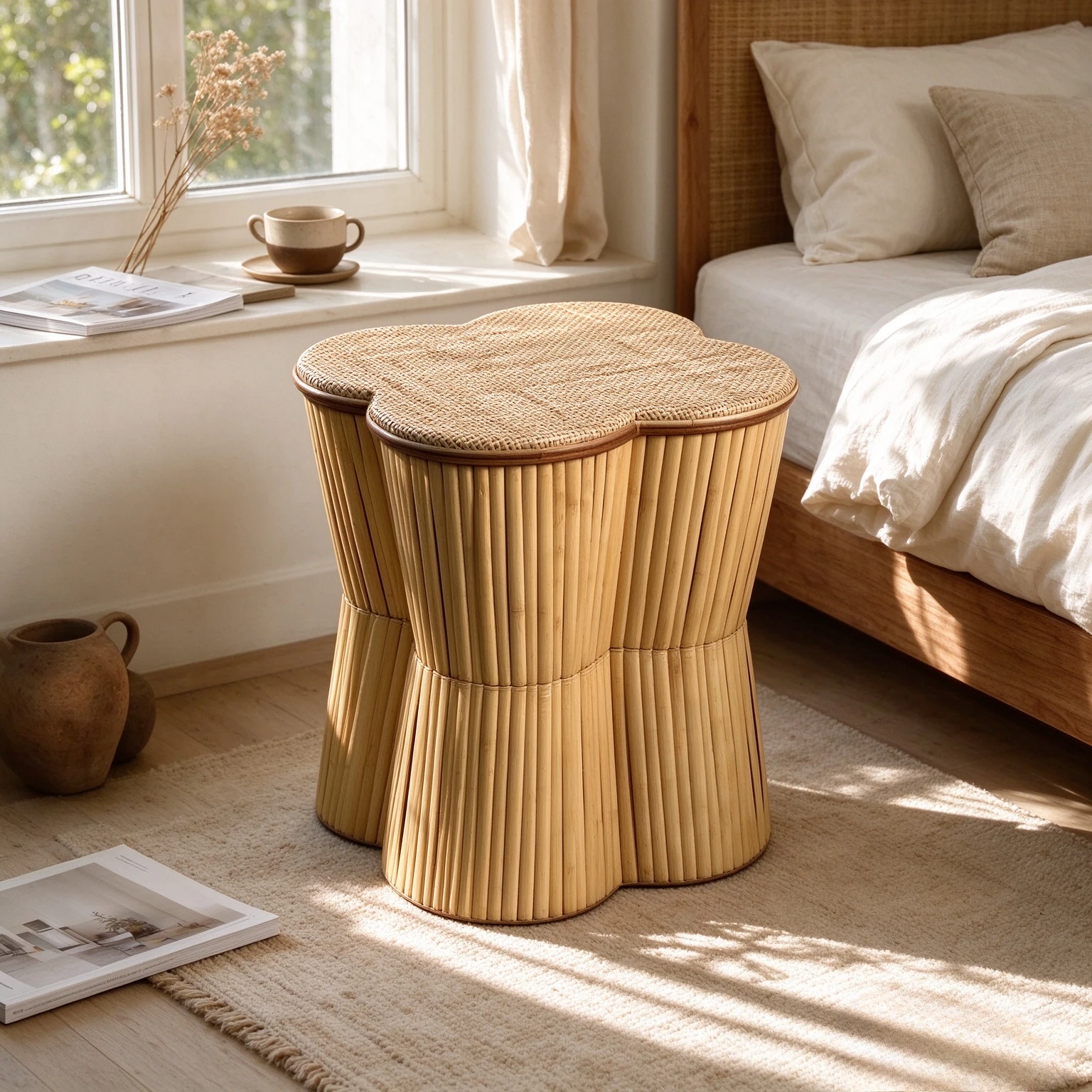 Scandinavian Handmade Wicker Bamboo Side Table, Storage Nightstand and Coffee Table for Living Room, Balcony and Small Apartment