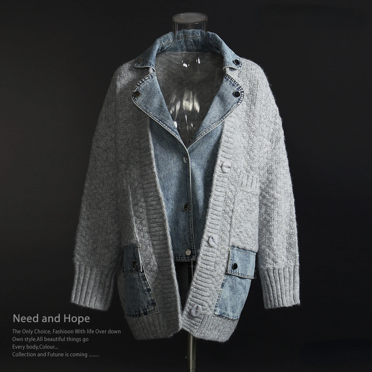 Women Jacket Denim Sweater Thickened Coat Loose Sweater Spliced Fake Two Piece Cardigan