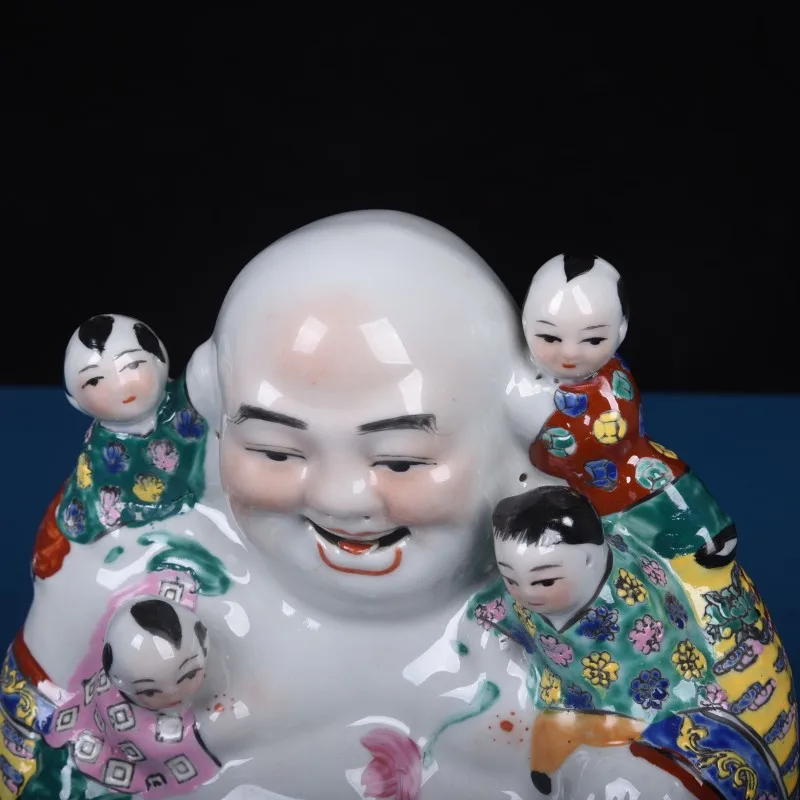 Jingdezhen Ceramic Pink Sculpture Five Sons, Ascending Science, Big Belly Maitreya Buddha Gift, Fortune Buddha Statue