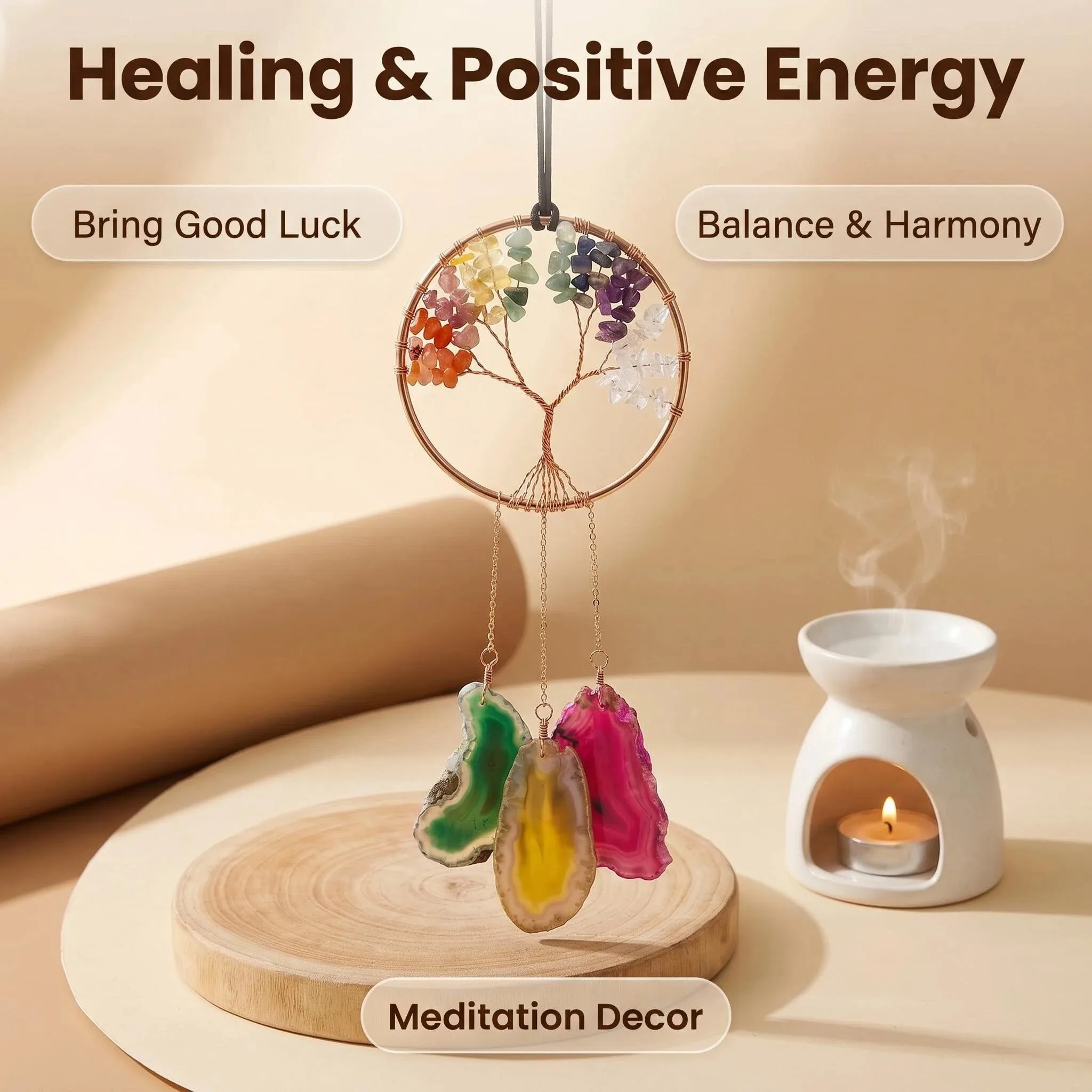 Natural crystal crushed stone and agate pieces are used to make the Tree of Life home decoration wind chime pendant