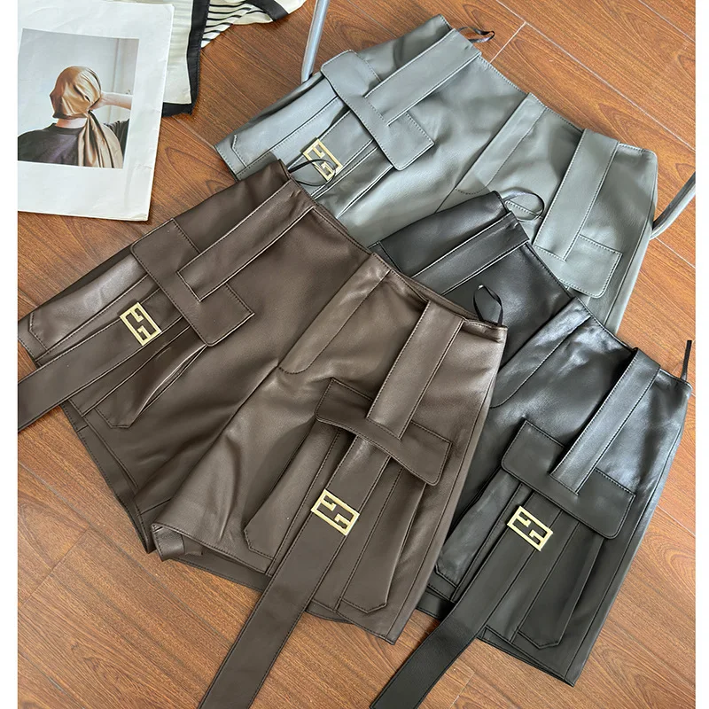 Luxe Echt Leren Shorts Vrouwen Retro High Street Schapenvacht Hoge Taille Mode Cargo Broek Wijde Pijpen Leren Shorts Y 2K Stijl