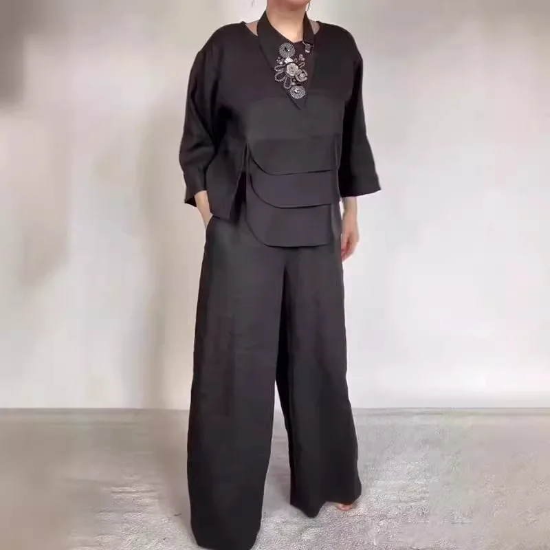 Ensemble décontracté à manches longues et col rond pour femme, pantalon large, haut irrégulier, mode bureau, printemps, automne, 2024, 2 pièces