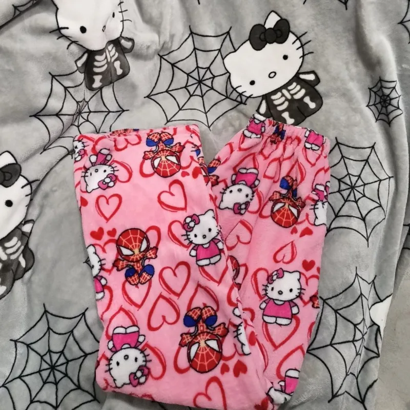 Plush Flannel Men\'s And Women\'s Sleep Pants Spider Hello Kitty Anime Sleep Bottoms Loose Straight Tube High Waist Printed Pants