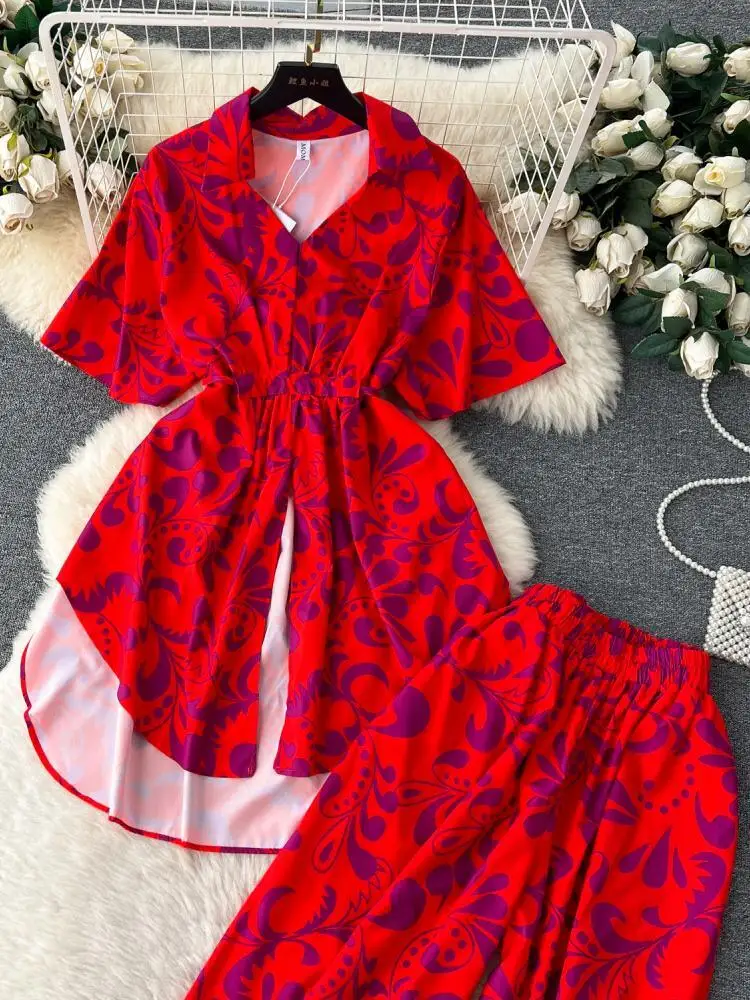 Fashion Floral Two Piece Set For Women Print Short Sleeve Lapel Tops+High Waist Wide Leg Pants 2 Pieces Sets 2023 Summer Suit