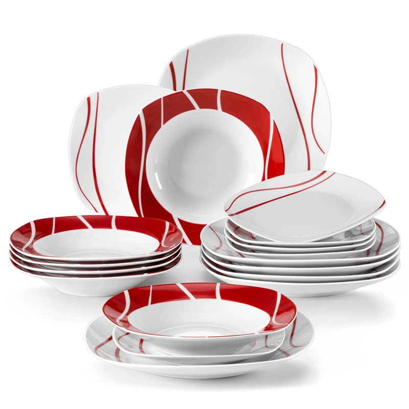 MALACASA 18/36 Piece Red Stripes Porcelain Dinner Set Dinnerware Set with 6PCS Dessert Soup Dinner Plates Service For 6person