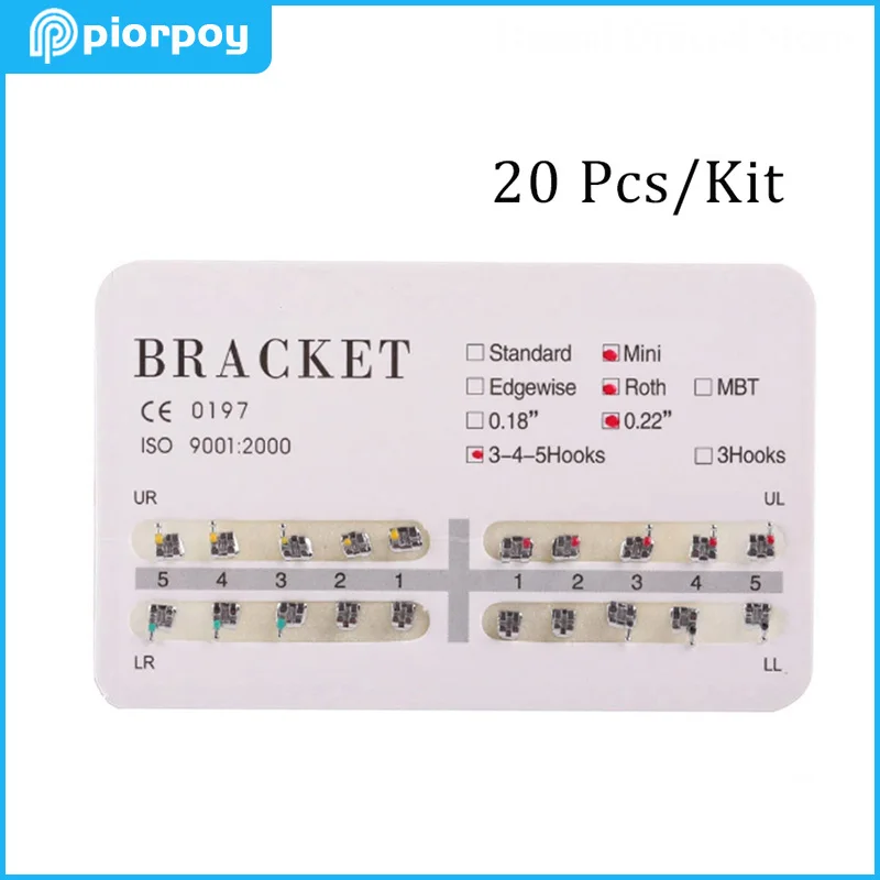 PIORPOY 20 piezas/Kit de aparatos dentales para dientes, soportes metálicos de ortodoncia, soldadura dividida, Mini Roth/MBT/Edgewise 022 018, materiales de ranura