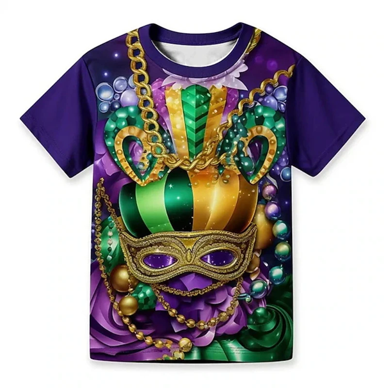 Mardi Gras 3d Print T Shirt For Men Women Fashion Exquisite Mask Graphic Pattern Short Sleeves Casual Round Neck Kids Tee Shirts