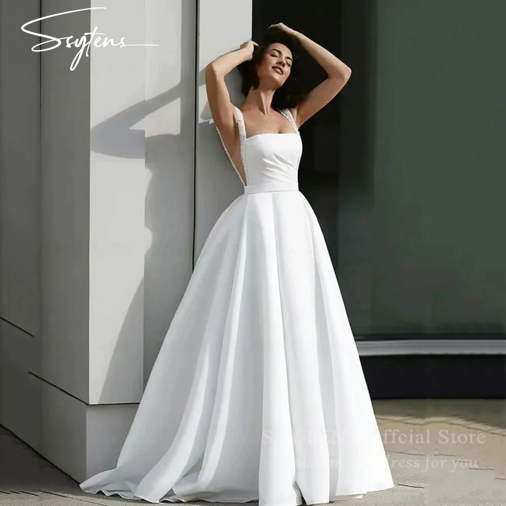 SSYTENS Elegant Wedding Gowns Pearl Strap Sexy Side Split Bride Dresses Satin White Women Wedding Party Dress 2025 Bridal Gown