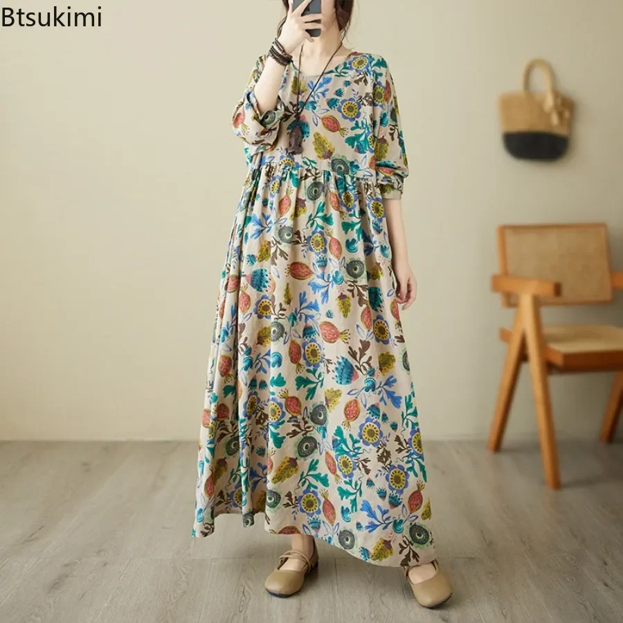特大女性フラワープリントロングドレスヴィンテージカジュアルルーズプリーツレディースドレスコットンリネン快適な休日 Vestidos ファム