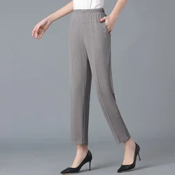 Trousers Spring Autumn Elastic High Waisted Pockets Solid Color Striped Women's Clothing Casual Straight Office Lady Pants
