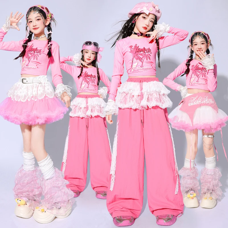 Girls Pink Sweet Jazz Dance Outfits Long Sleeve Print Crop Top Lace Ruffle Tulle Skirt Pants Set Kids Street Dance Group Costume