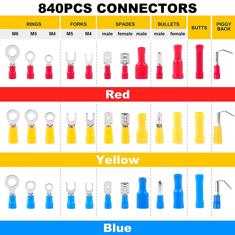 840PCS Electrical Wire Connectors, Insulated Wire Crimp Terminals, Mixed Butt Ring Fork Spade Bullet Quick Disconnect Assortment