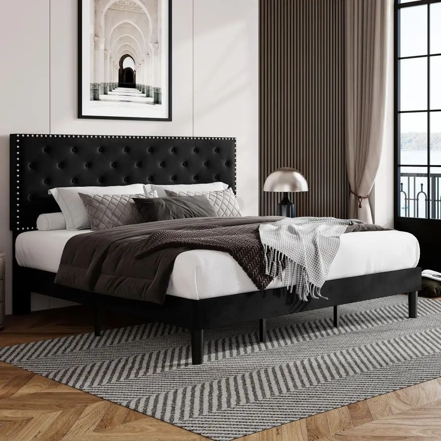 King Size Velvet Upholstered Platform Bed Frame with Adjustable Diamond Button Tufted and Nailhead Trim Headboard, Wood Slat Sup