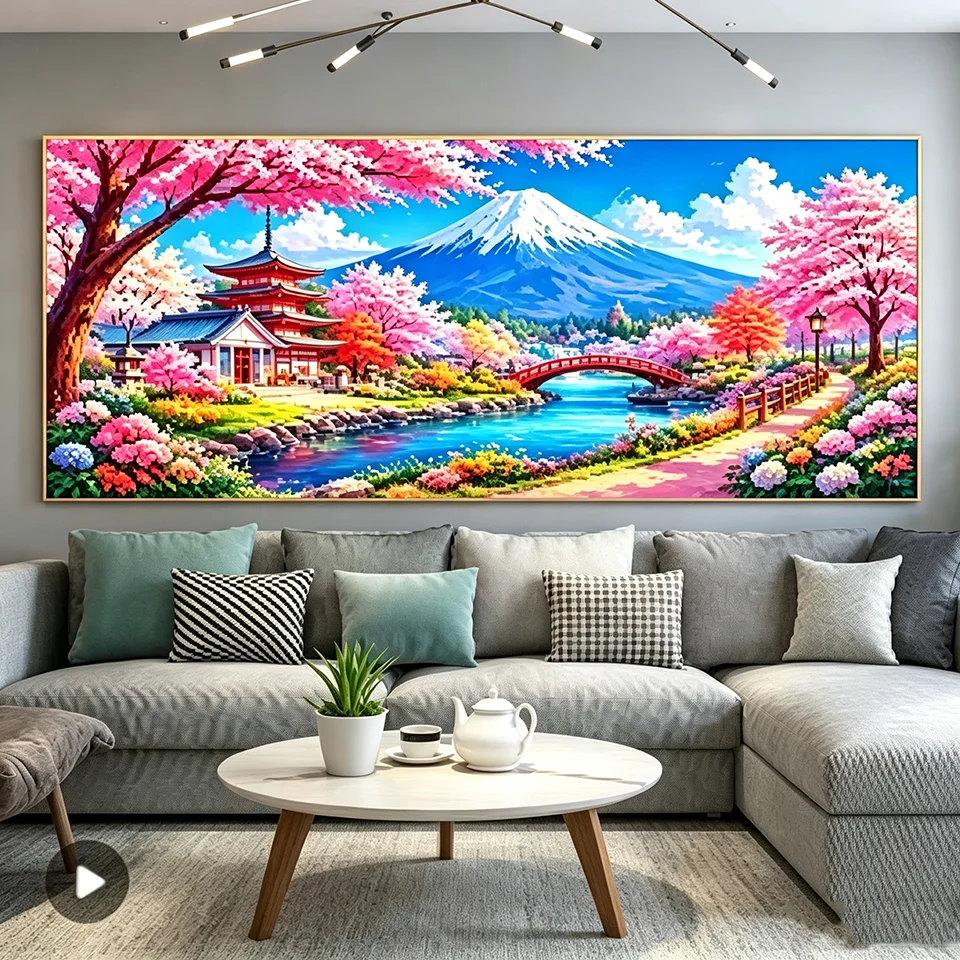 DIY Diamond Painting Full Square Round Diamond Art Mount Fuji Cherry Blossom Pavilion Landscape Mosaic Embroidery Home Decor