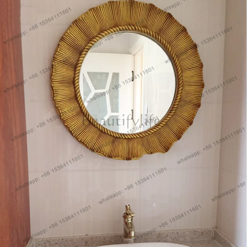 LJY Round European American Sunflower Pattern Wall Mirror for Living Room Entryway Bathroom Decor Framed Vanity Mirror