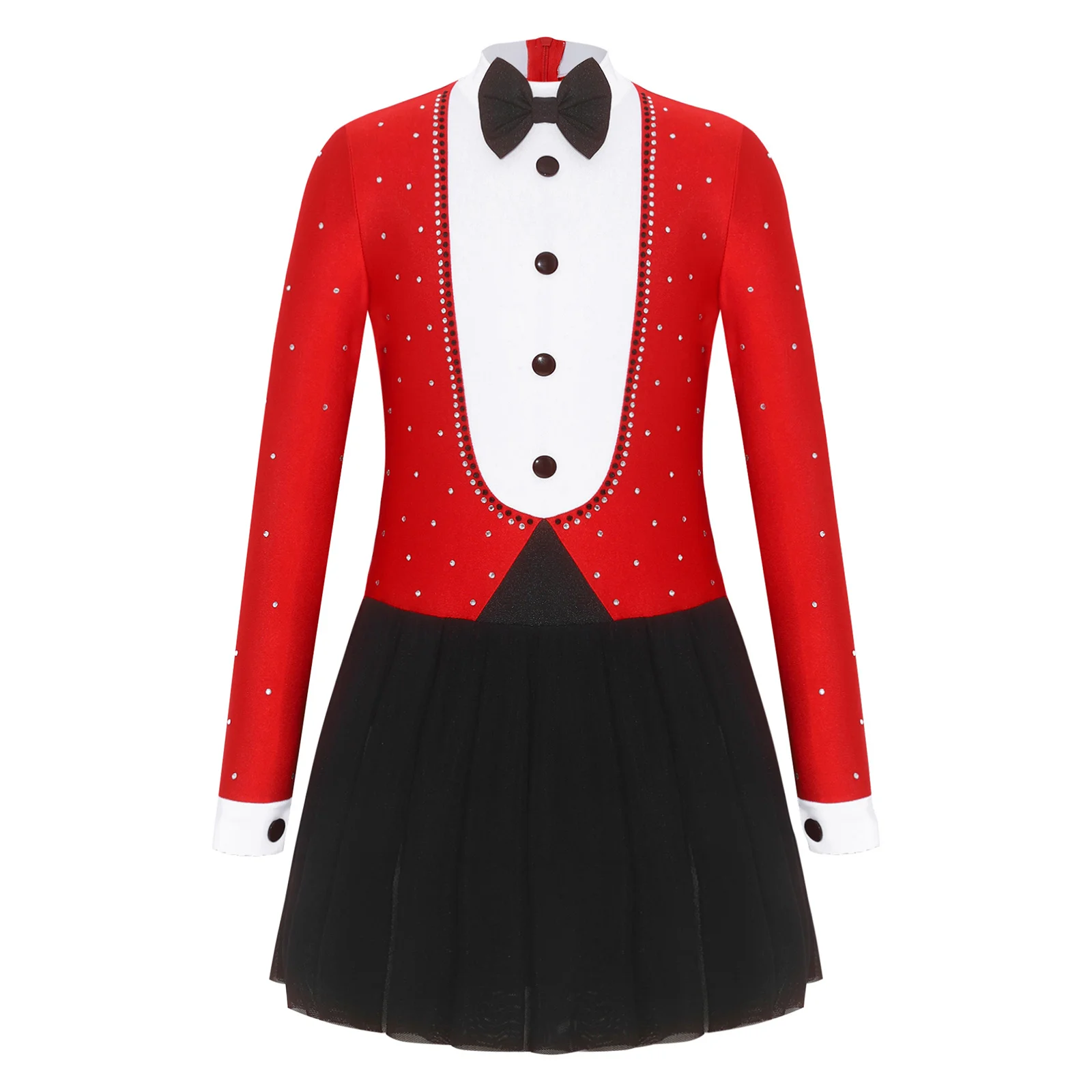 Children Girl Circus Ringmaster Magician Costume Long Sleeves Rhinestone Ballet Dance Dress for Halloween Themed Party Role Play