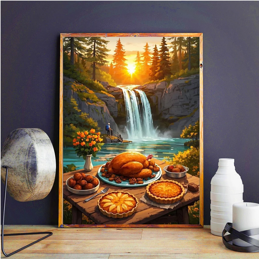 Waterfall Nature Scene diamond embroidery cross stitch diamond painting Thanksgiving Feast creative painting mosaic Wall decor