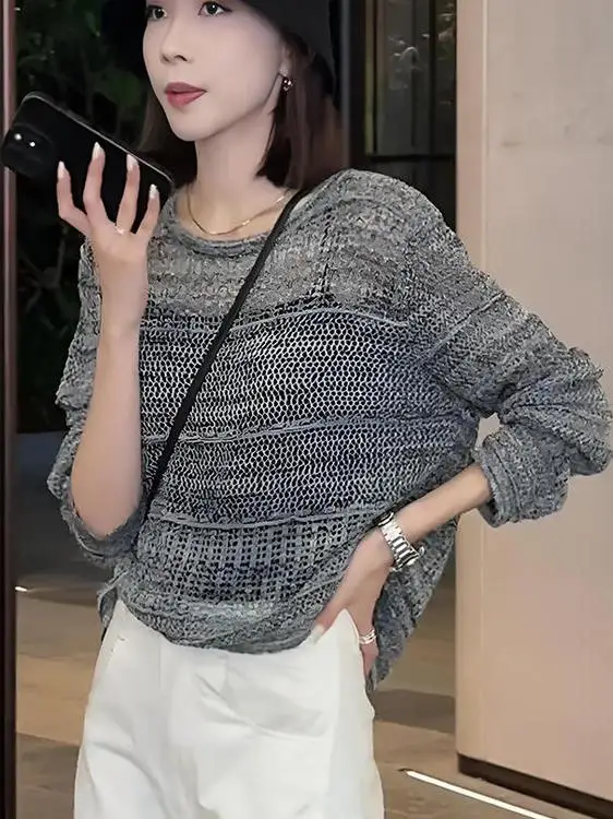 Camiseta larga de punto con huecos de talla grande japonesa para mujer, Top informal, transpirable, agradable para la piel, ropa de otoño