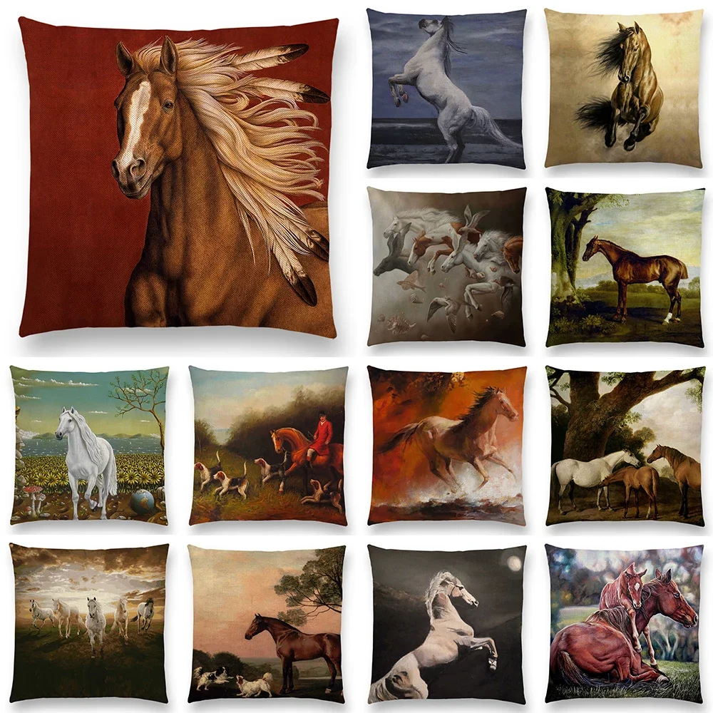 

Horse Oil Painting Pillow Case Home Decor Vintage Cushion Cover for Sofa Car Linen Pillow Cover Home Decorative Drop Shipping