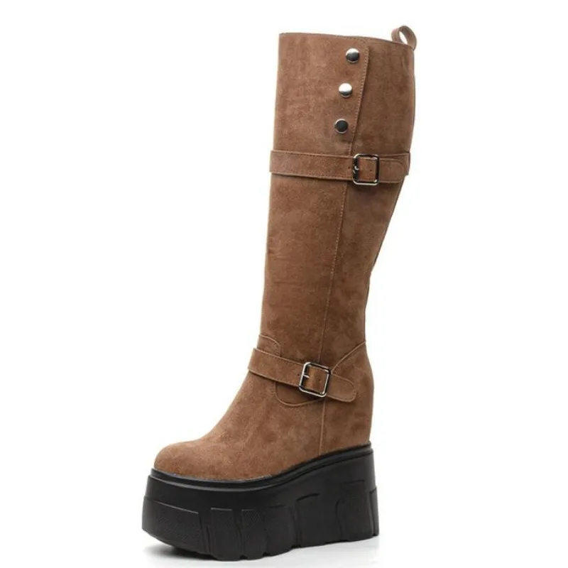 

14CM Split Leather Winter Warm Plush High Top Boots Women Booties Knee High Platform Wedge Spring Autumn Zipper Fashion Shoes