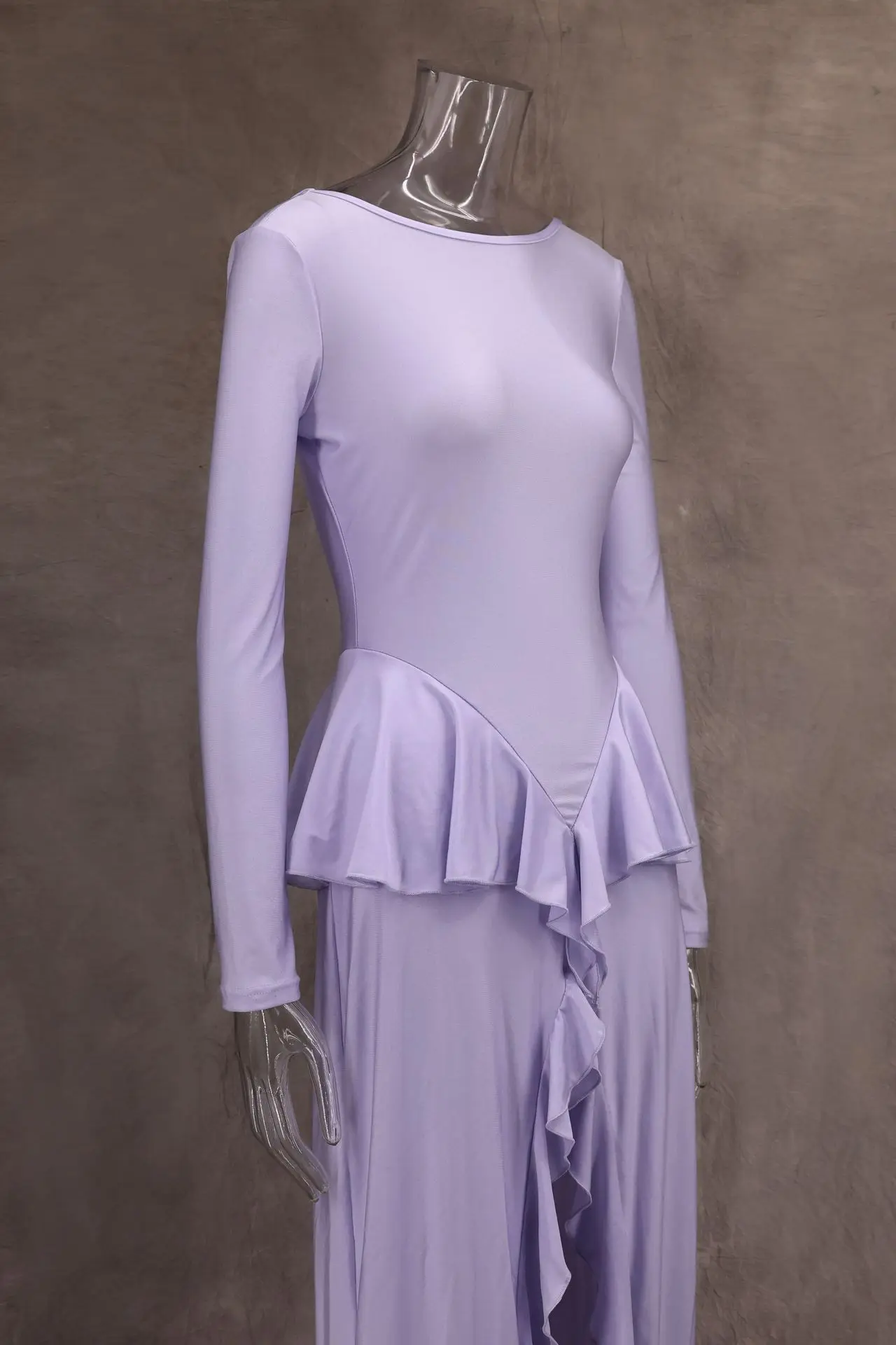 جديد 2025 أزياء أنيقة للنساء حافة أوراق اللوتس غير النظامية عارية الذراعين تكدرت مرونة عالية ضيق كم طويل مساء فستان طويل #6