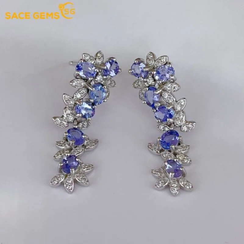 SACEGEMS Fashion Jewelry Earrings for Women 925 Sterling Silver 3*4MM Natural Tanzanite Stud Earrings Wedding Party Fine Jewelry