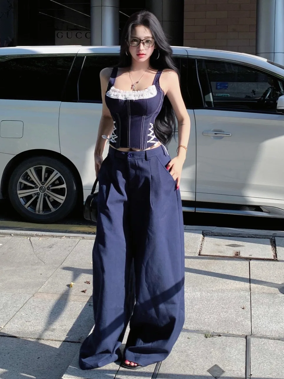 Sweet Spicy Girl Retro Denim Lace Patchwork Fishbone Tie Waist Halter Top Casual Wide Leg Pants Set Women's Fashion Ensemble