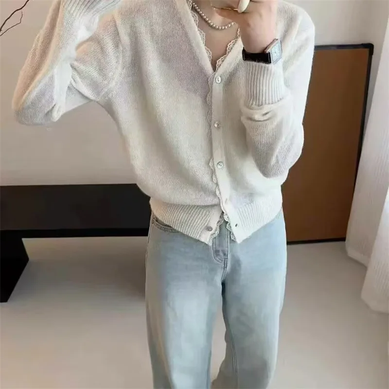 Cardigan en tricot de dentelle douce pour femmes, 25 mode d'automne polyvalente, veste pull fine réduisant l'âge