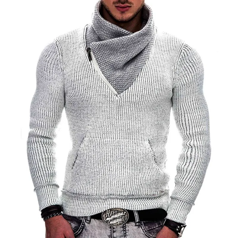 Autumn Winter Mens Sweater Fashion Long Sleeve High Neck Pocket Knitted Shirt Men