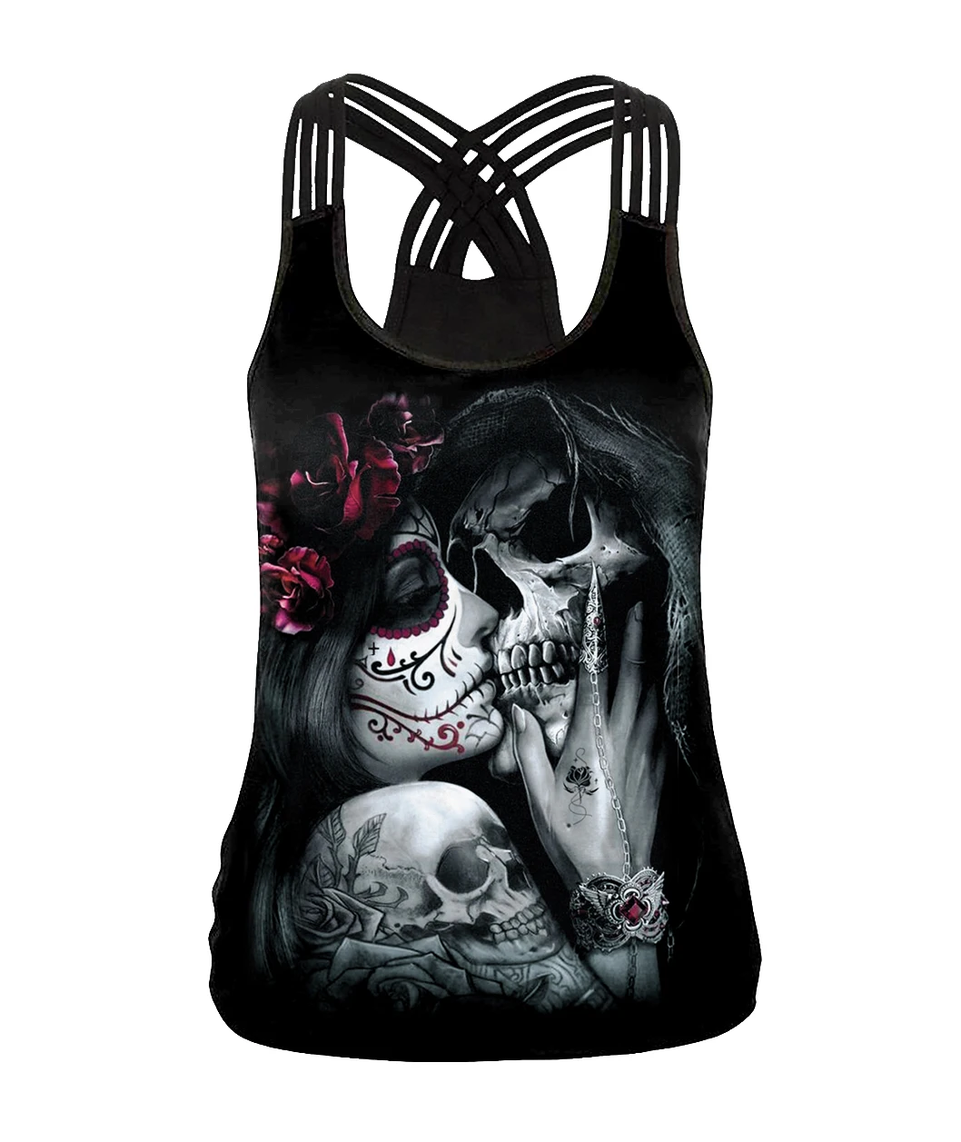 [You're My Secret] Halloween Hollow Out Women Tank Tops Streetwear Skull Pattern Tops Print Gothic Rose Vest Sleeveless Fitness