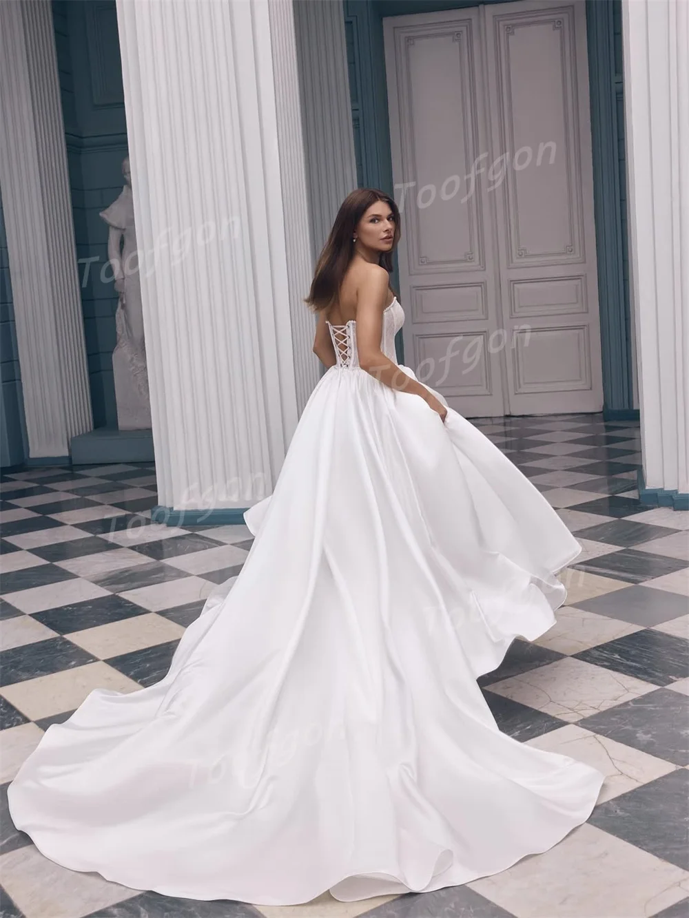 Toofgon A Line Lace Satin Bride Wedding Dresses Strapless Bones Long Train Women Formal Party Dress Bridal Gowns Customized