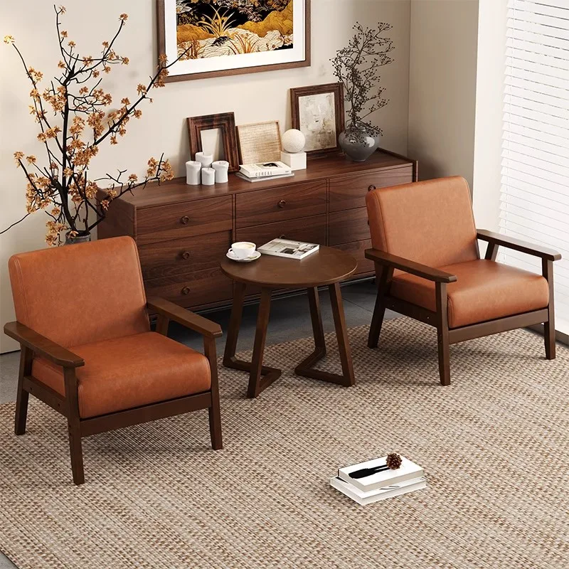 Solid Wood Three-Piece Set With Backrest Table For Small Apartments-Bedroom/Balcony Leisure Chair
