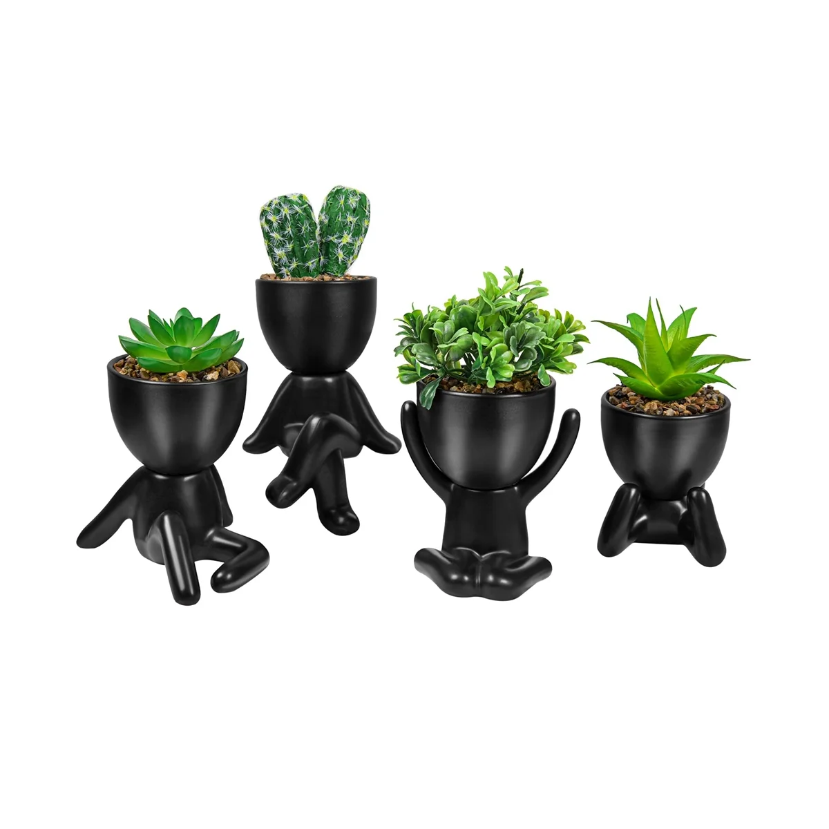 

4PCS Artificial Succulent Planters, Mini Potted Ceramic Succulent Decor, Human Shaped Black Pots Small Pots