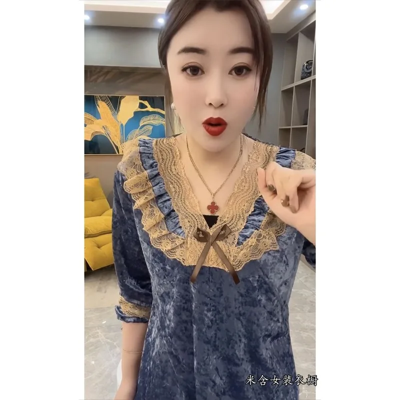 New style Diamond velvet Loose and slim Lace long-sleeved two-piece set loungewear Can be worn outside Spring autumn winter