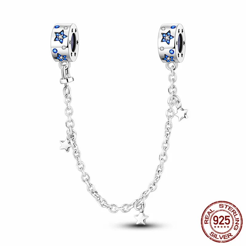 

S925 Sterling Silver Sparkling Stars Safety Chain Charm Bead, perfect for DIY bracelets and a great gift for women.