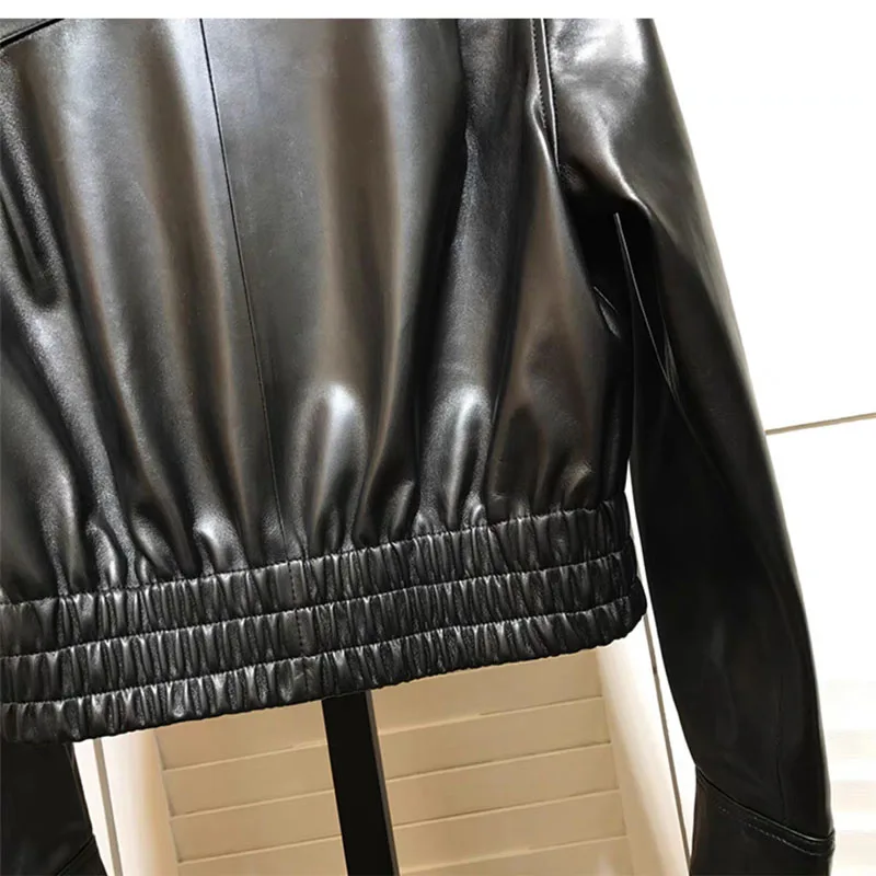 Women Coat Spring 2025 New Fashion Single-Breasted Natural Genuine Leather jacket Waist Design Short Length Long Sleeve