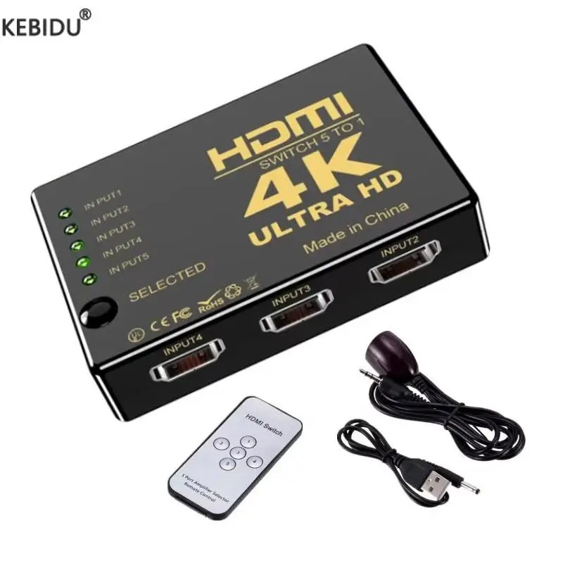 4K HDMI-compatible Switcher HD1080P 5 Port HDMI Switch Selector Splitter With Hub IR Remote Controller For HDTV DVD TV BOX