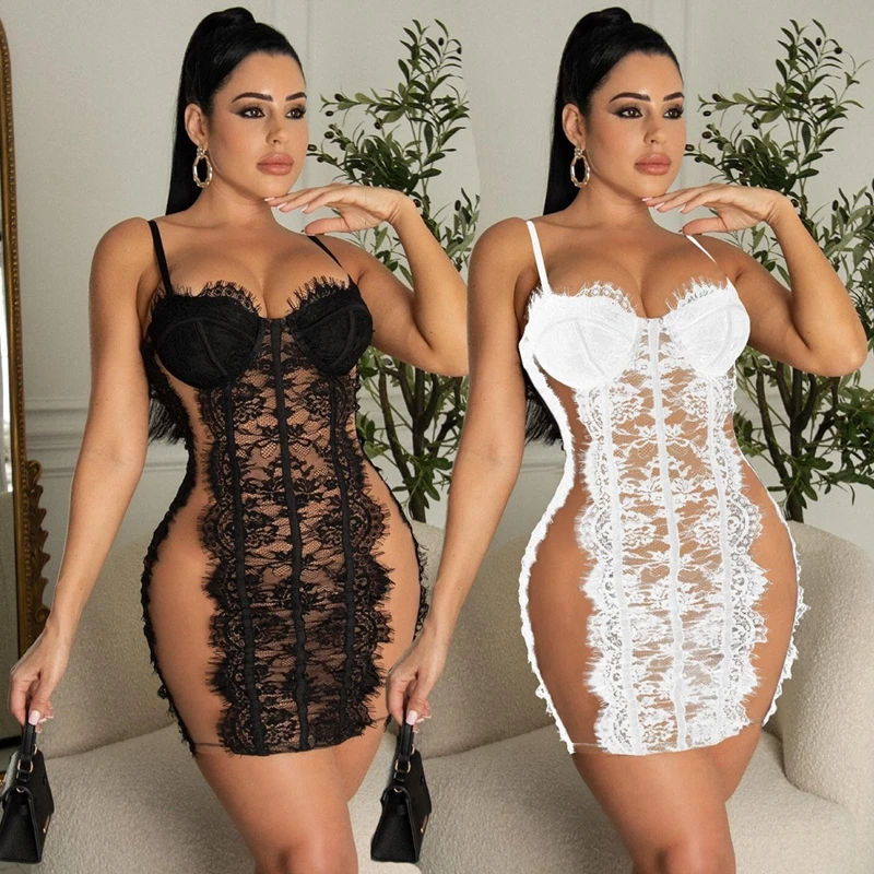 Nachtclub Party Sexy Kleid für Frauen Geburtstag Outfits Elegante Spitze Sheer Mesh Patchwork Schwarz Bandage Sommer Mini, Figurbetontes Kleid
