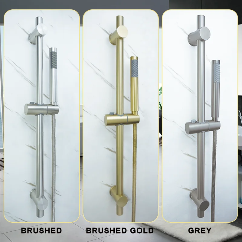 Brushed Gold Grey Stainless Steel Shower Column Slider Removable Adjustable Wall Mounted with Bracket Bracket Shower Rod