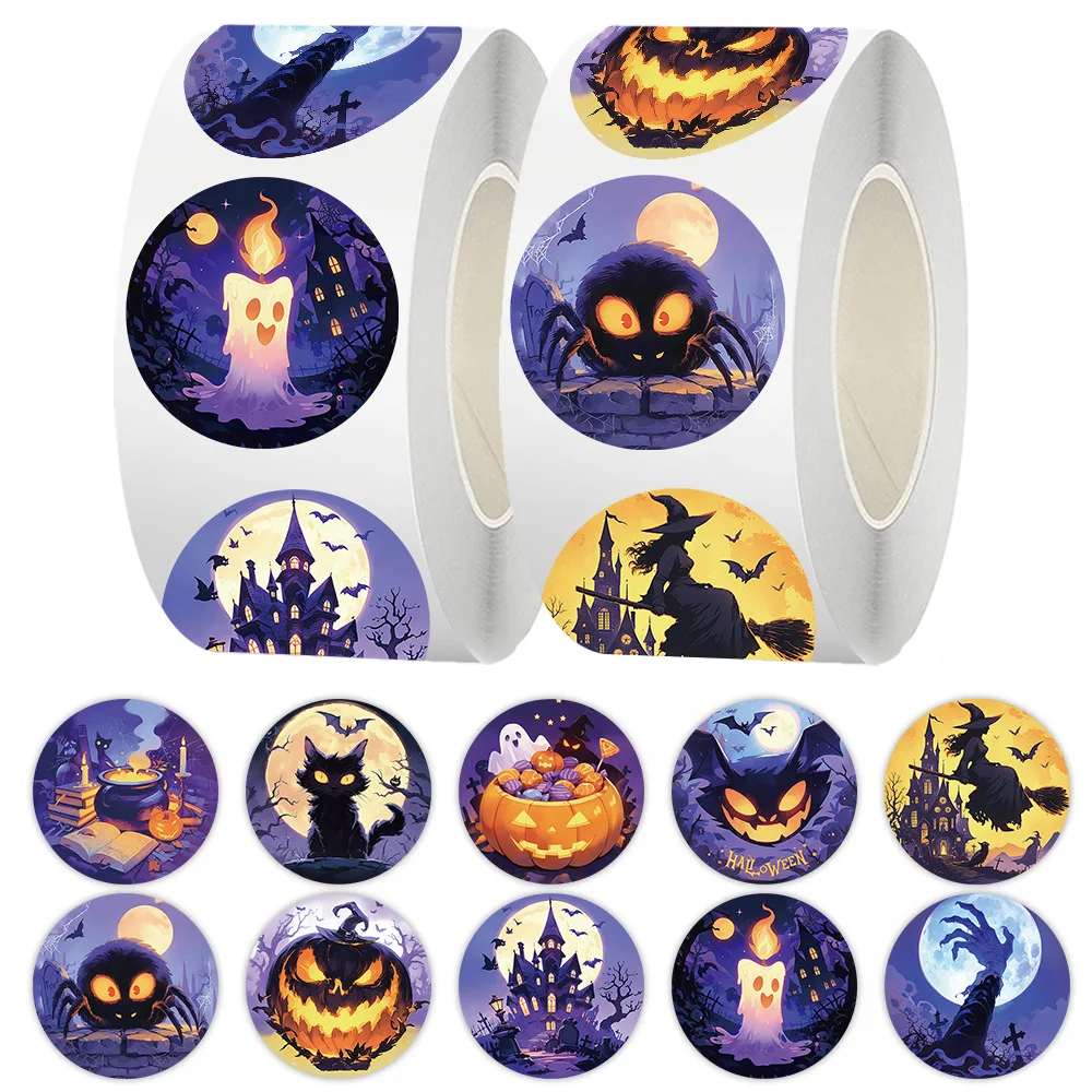 

500pcs/Roll Halloween Festive Party Cartoon Round Sealing Stickers DIY PVC Laptop Decals Decoration Reward Gift Toy